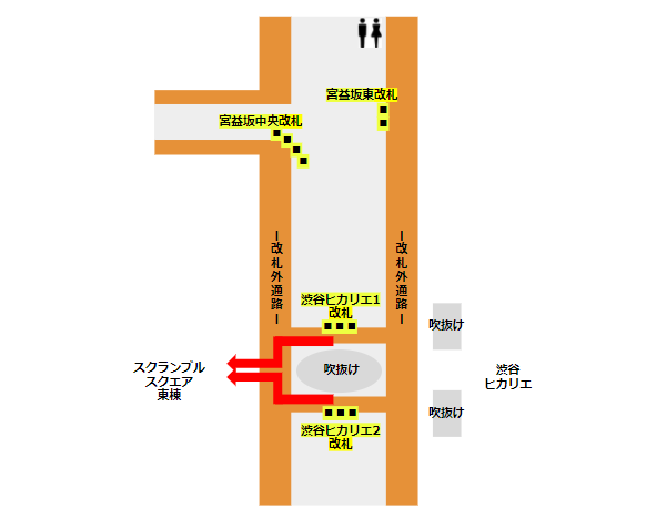 渋谷駅東横線、ヒカリエ改札周りのマップ