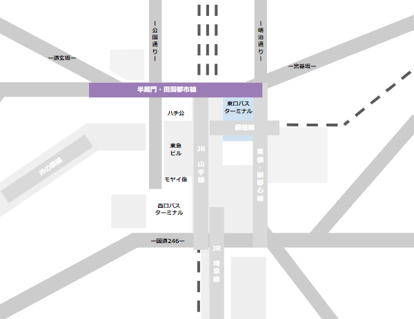 渋谷駅乗り換えmap（半蔵門田園都市線と東口バスのりばの位置関係）