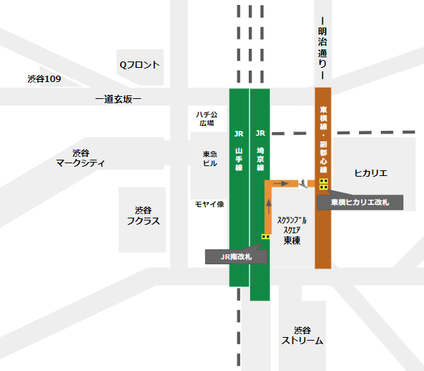 渋谷駅乗り換え（JR線南改札から東急東横・副都心線）