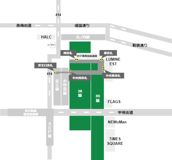 JR新宿駅の構内図（改札の位置）北エリア