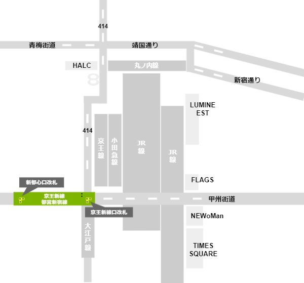 都営新宿線新宿駅の構内図（改札の位置）