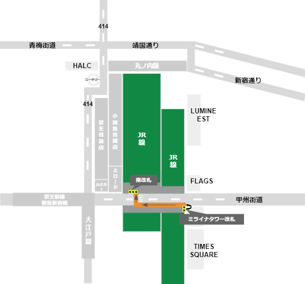 新宿駅南口への行き方（JR線ミライナタワー改札からの経路）