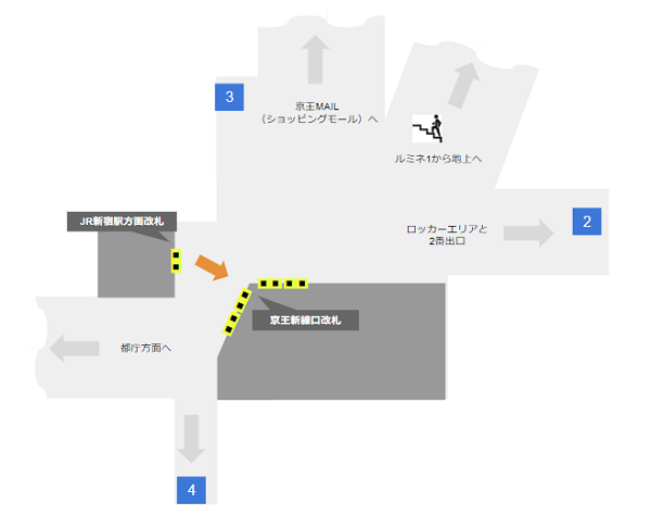 都営新宿線、大江戸線、京王新線口改札前のエリアマップ