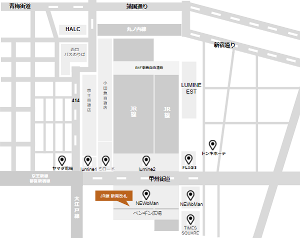 JR新宿駅の新南改札前、場所マップ