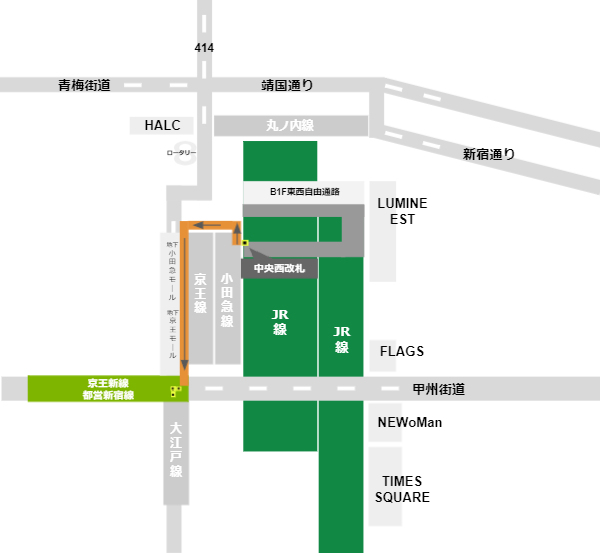 新宿駅乗り換えマップ（JR中央西改札から都営新宿線）
