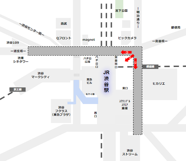 渋谷駅、東横線、半蔵門線の位置関係マップ