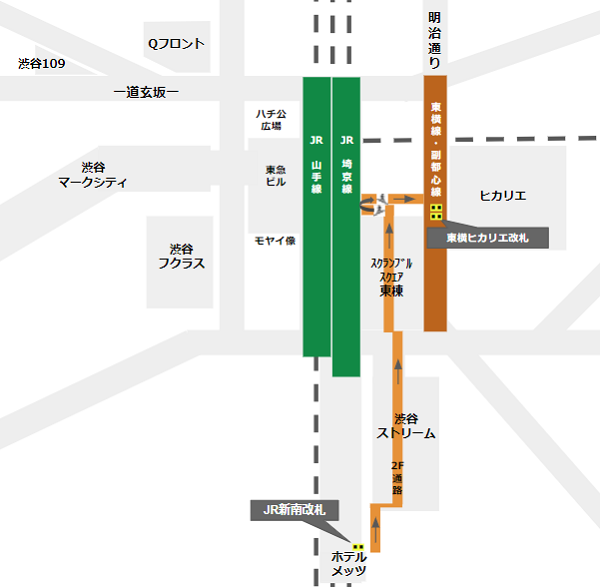 渋谷駅乗り換え（JR線新南改札から東急東横/副都心線）への経路マップ