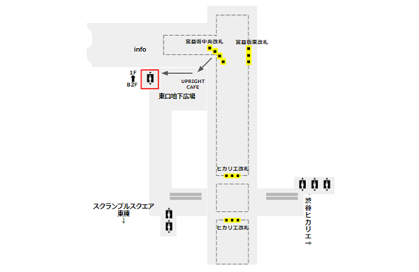 渋谷駅東横線、車椅子で宮益坂中央改札から地上への経路