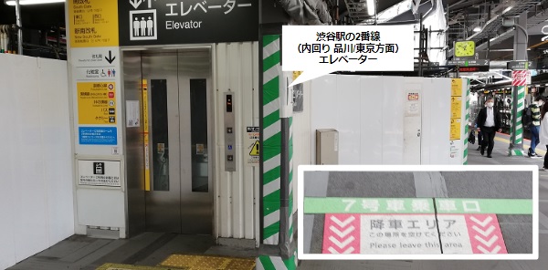 渋谷駅山手線2番線エレベーター前の乗車位置