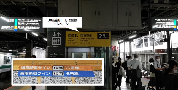 JR新宿駅1、2番線のエレベーター乗車位置