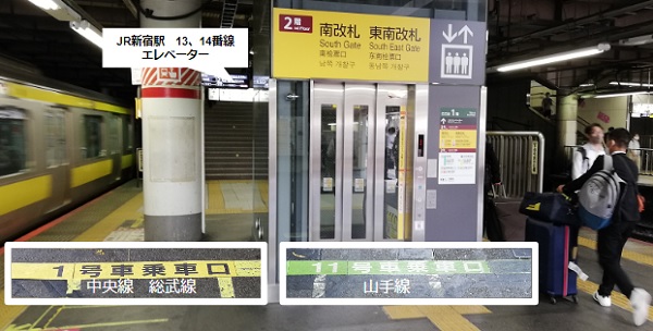 JR新宿駅13、14番線のエレベーター乗車位置