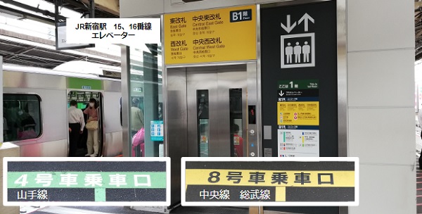 JR新宿駅15、16番線のエレベーター乗車位置