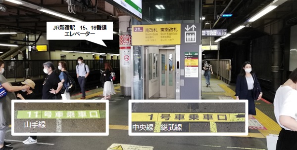 JR新宿駅15、16番線のエレベーター乗車位置