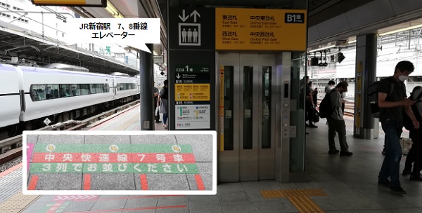 JR新宿駅7、8番線のエレベーター乗車位置