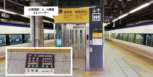 JR新宿駅9、10番線のエレベーター乗車位置