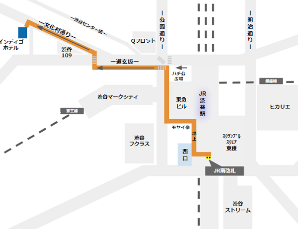 JR渋谷駅の南改札からインディゴ東京への経路