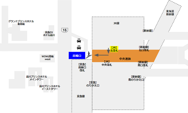 品川駅の高輪口への行き方経路（JR線北改札から）