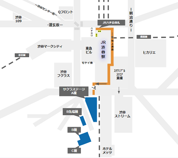 JRハチ公改札から渋谷サクラステージへの徒歩経路