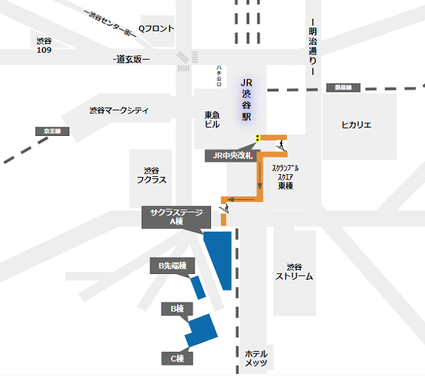 JR中央改札から渋谷サクラステージへの徒歩経路