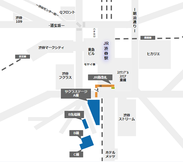 JR南改札から渋谷サクラステージへの徒歩経路