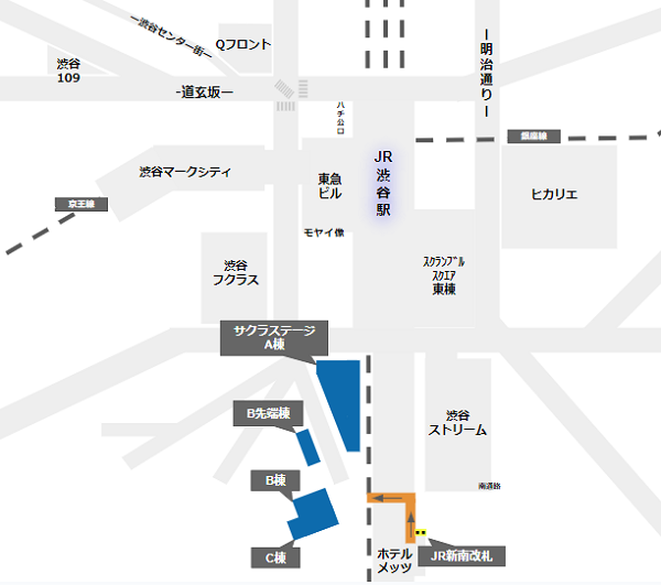 JR新南改札から渋谷サクラステージへの徒歩経路