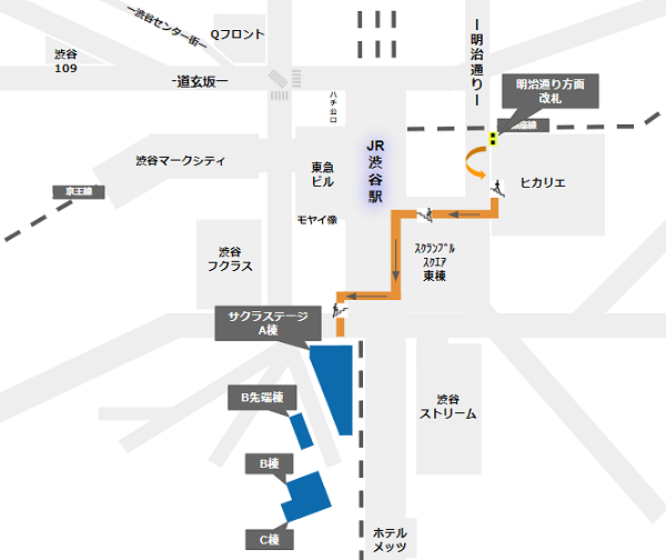 銀座線、明治通り方面改札から渋谷サクラステージへの徒歩経路
