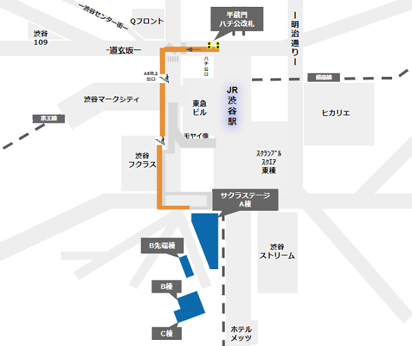 半蔵門田園都市線、ハチ公改札から渋谷サクラステージへの徒歩経路