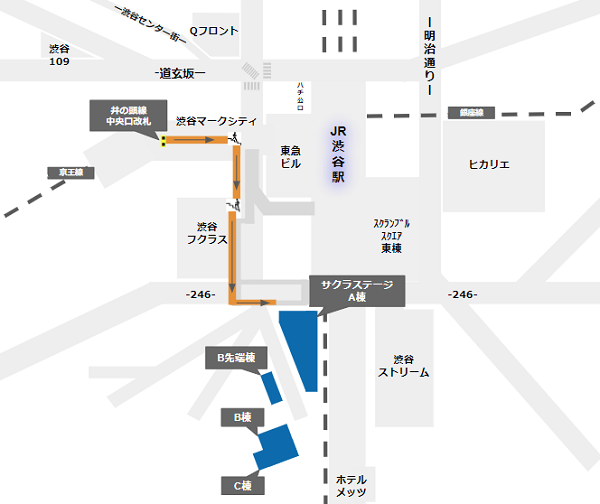 京王井の頭線、中央口改札から渋谷サクラステージへの徒歩経路