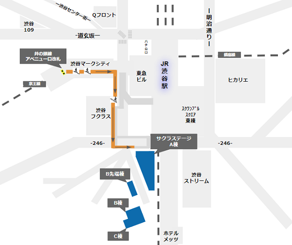 京王井の頭線、アベニュー口改札から渋谷サクラステージへの徒歩経路