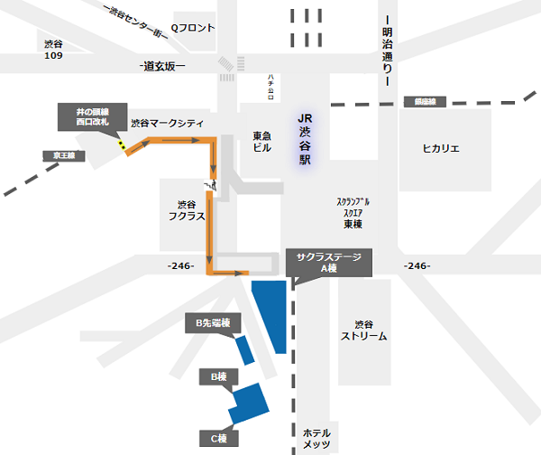 京王井の頭線、西口改札から渋谷サクラステージへの徒歩経路