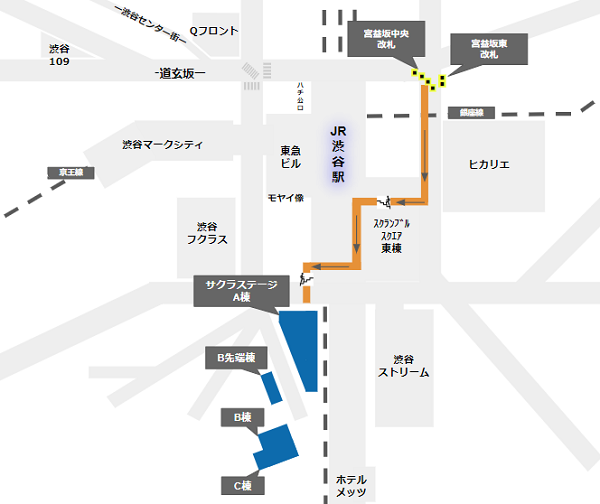 東急東横線、宮益坂改札から渋谷サクラステージへの徒歩経路