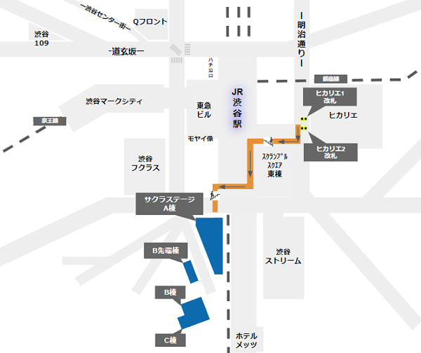 東急東横線、ヒカリエ改札から渋谷サクラステージへの徒歩経路
