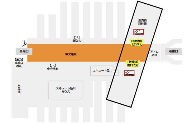 品川駅構内の喫煙所マップ（新幹線）