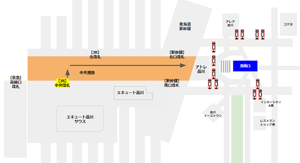 品川駅港南口のバス乗り場への行き方マップ