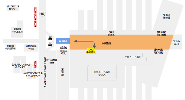 品川駅高輪口のバス乗り場への行き方マップ（JRから）