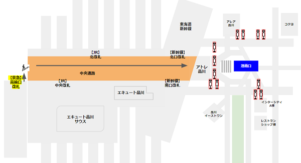 品川駅港南口のバス乗り場への行き方マップ