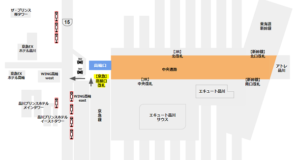 品川駅高輪口のバス乗り場への行き方マップ（京急線から）