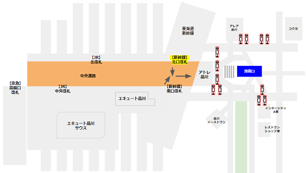 品川駅港南口のバス乗り場への行き方マップ（新幹線から）