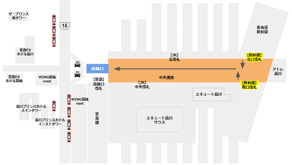 品川駅高輪口のバス乗り場への行き方マップ（新幹線から）