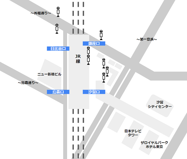 新橋駅の地上4出口の位置関係
