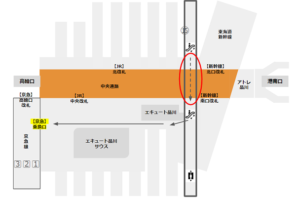 品川駅15番線横須賀線・総武線から京急線への乗り換え経路
