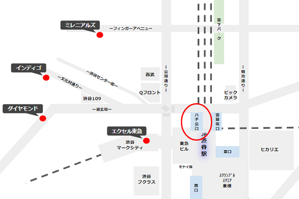渋谷駅ハチ公口から徒歩5分のホテルの場所
