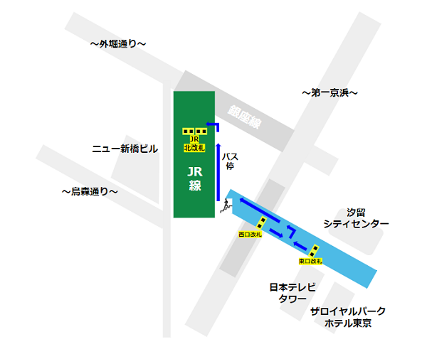 新橋駅ゆりかもめからJR線への乗り換え経路マップ