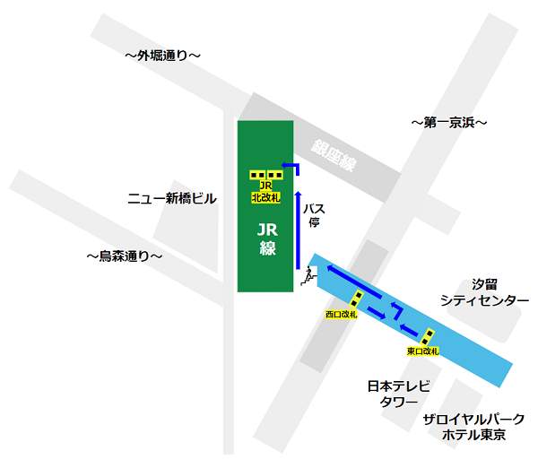 新橋駅のゆりかもめからJR山手線への乗り換え経路マップ