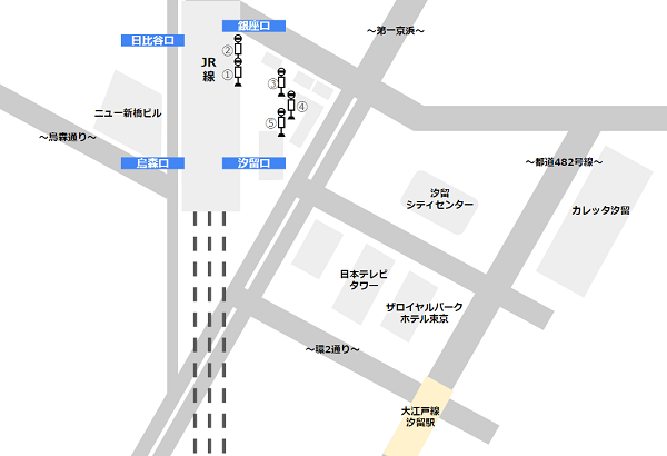 JR新橋駅と大江戸線汐留駅の位置関係map