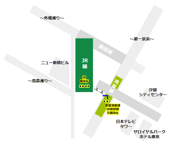 都営浅草線の新橋駅から横須賀・総武線への乗り換えマップ