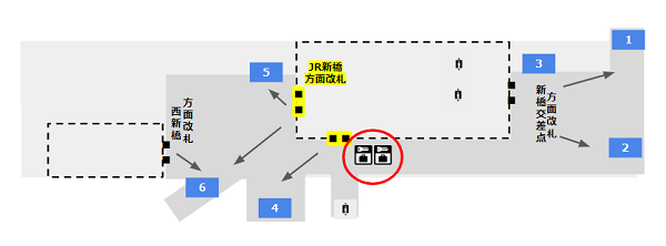 銀座線、新橋駅改札前のロッカーの位置