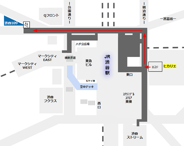 渋谷ヒカリエから渋谷109への経路マップ