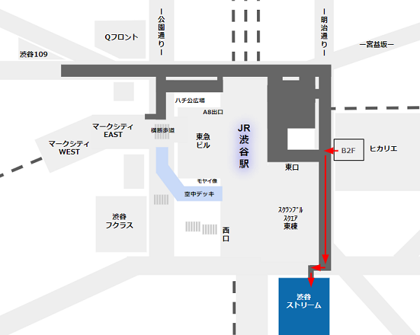 渋谷ヒカリエから渋谷ストリームへの経路マップ