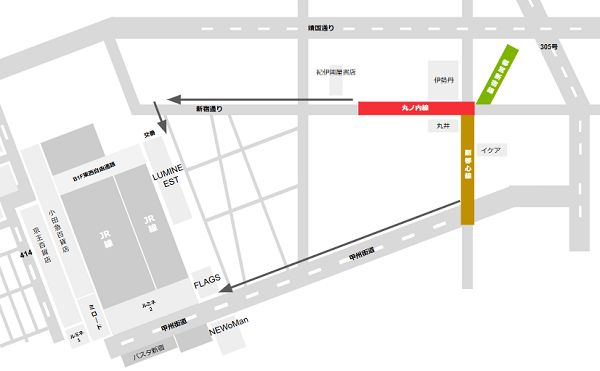 新宿3丁目駅から新宿駅への経路マップ